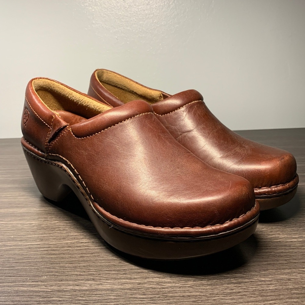 Ariat Womens Brown Leather Clogs Slip On Comfort Shoes Platform Heel Cognac